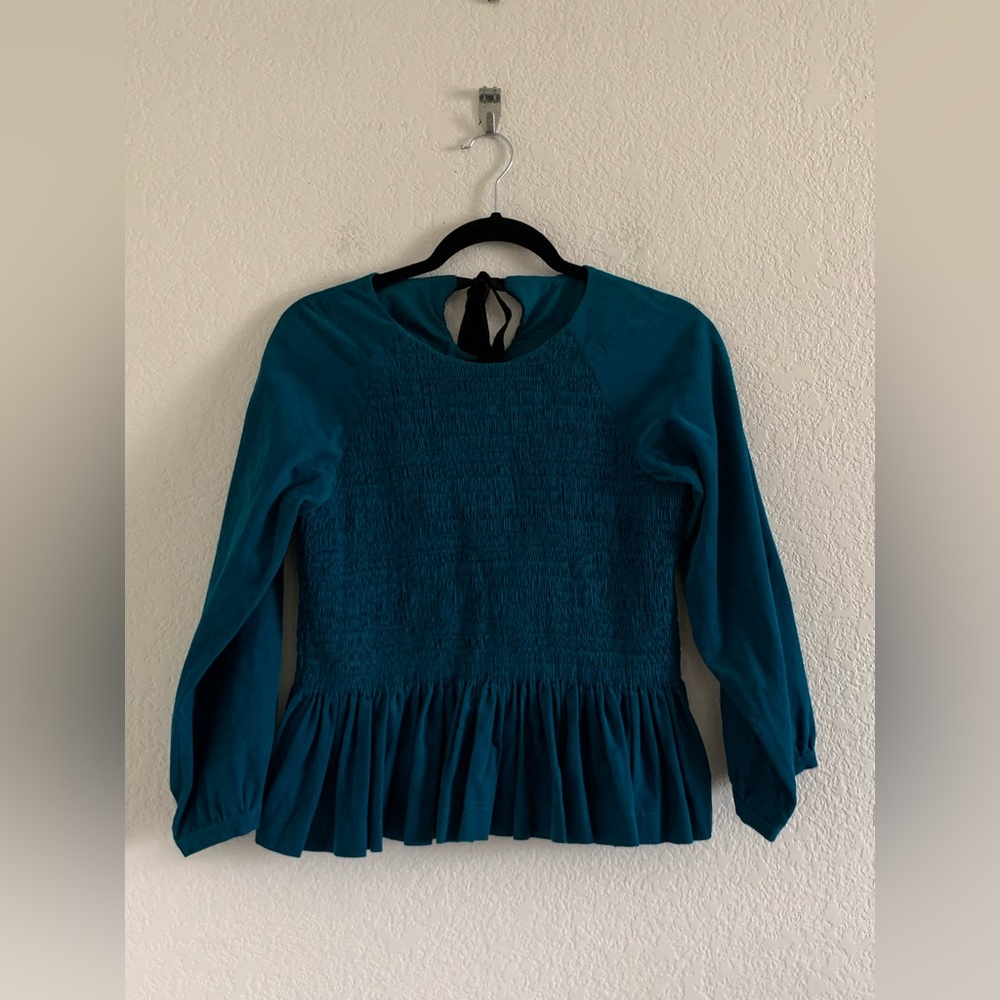 Molly Goddard Smocked Corduroy Teal Ruffle Hem Top Blouse Size 10 3/4 Sleeve